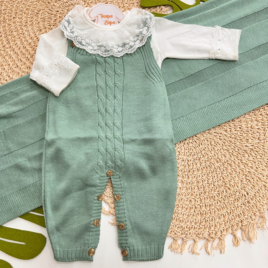  Saída de Maternidade Sam - Verde Menta Gola Renda Cintilante